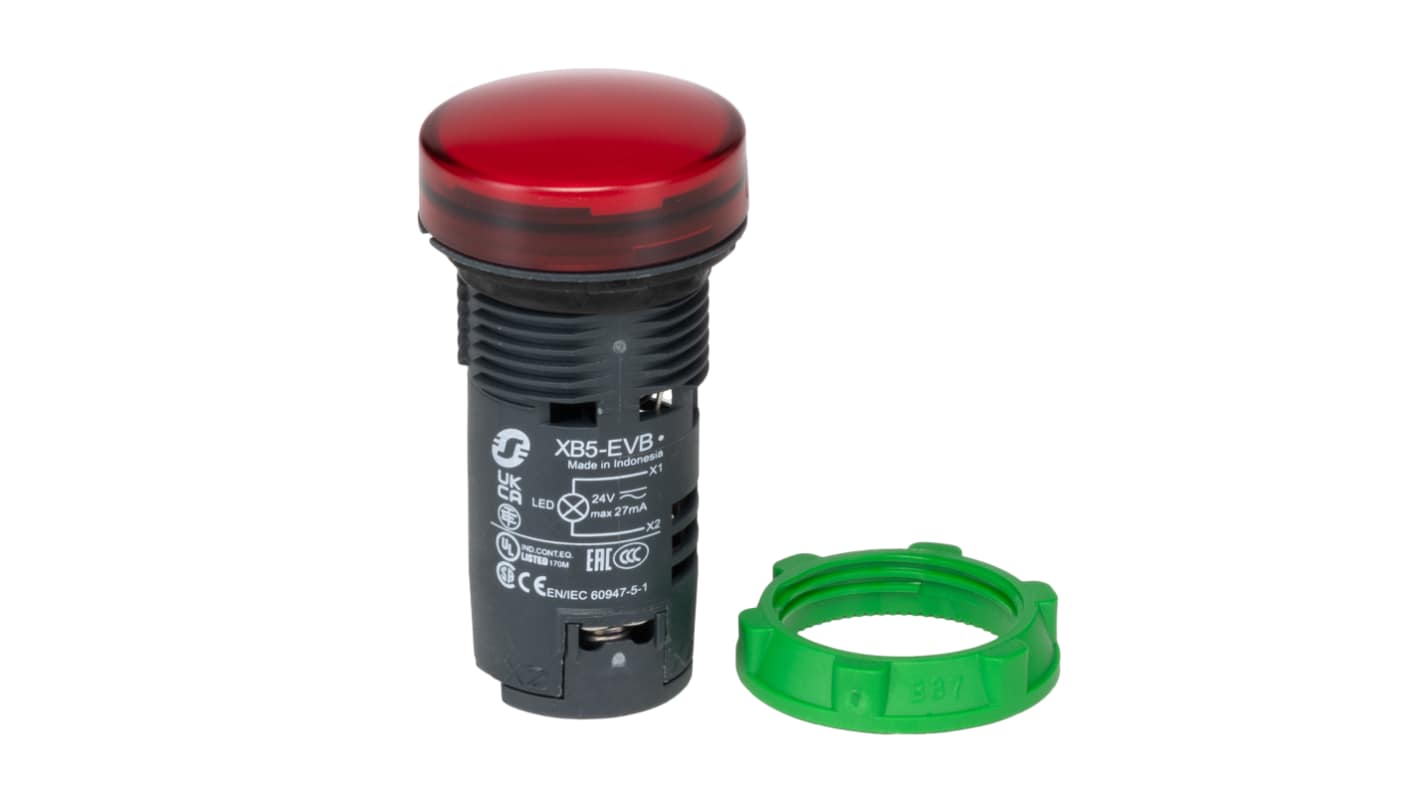Schneider Electric, Harmony XB5, Panel Mount Red Universal LED Pilot Light Complete, 22mm Cutout, IP66, Round, 24V ac/dc
