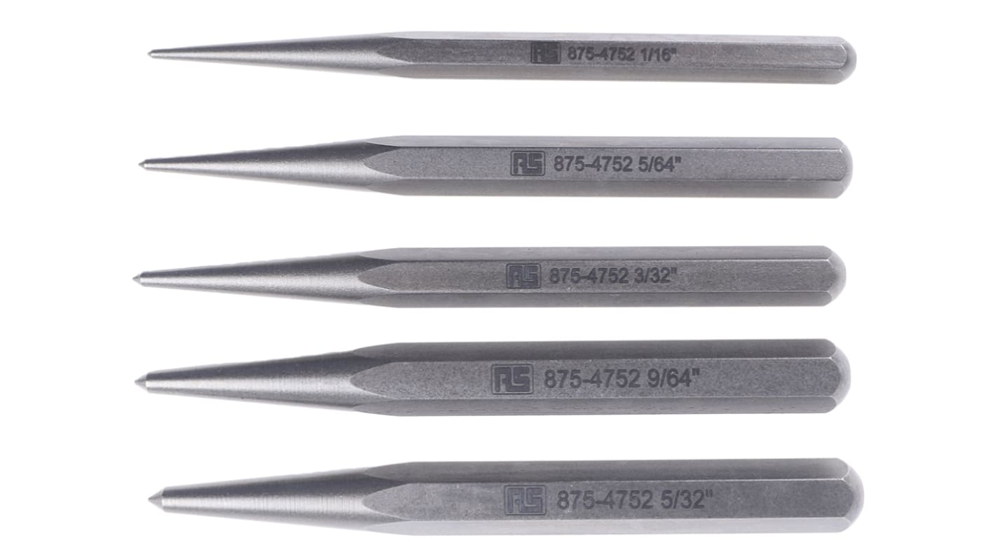 RS PRO 5-Piece Punch Set, Centre Punch, 1/16 → 5/32 in Shank