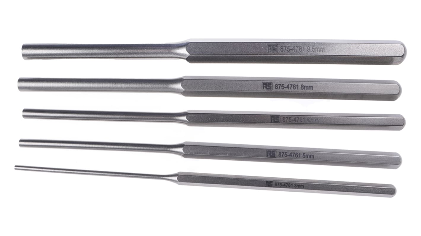 RS PRO 5-Piece Punch Set, Parallel Pin Punch, 3 → 9.5 mm Shank