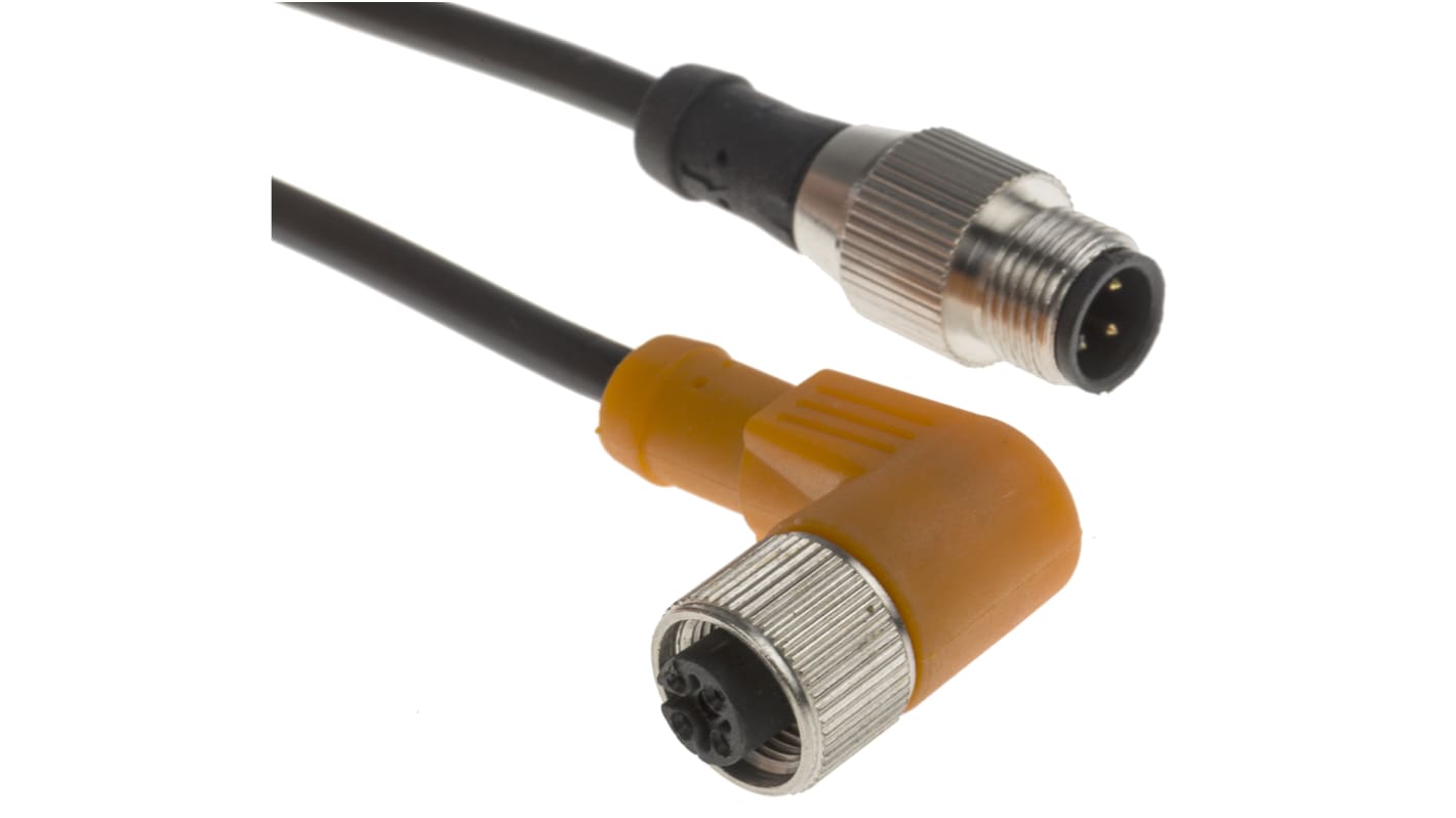 RS PRO Right Angle Female 4 way M12 to Straight Male 4 way M12 Sensor Actuator Cable, 2m