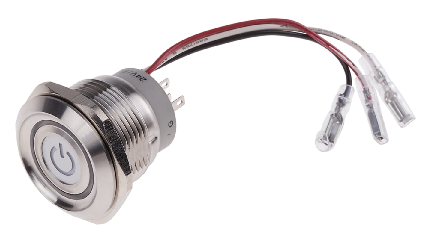 Interruttore a pulsante RS PRO, Momentaneo, SPDT, luminoso, 5 A a 250 V c.a., IP67 Montaggio a pannello