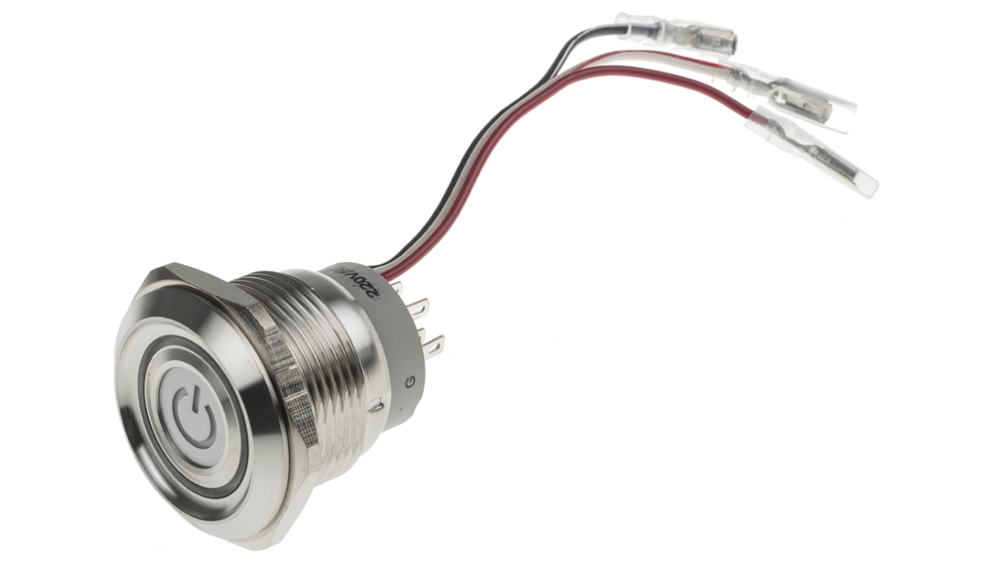 RS PRO Illuminated Push Button Switch, Momentary, Panel Mount, 30.2mm Cutout, DPDT, Blue, Green, Red LED, 220V, IP67