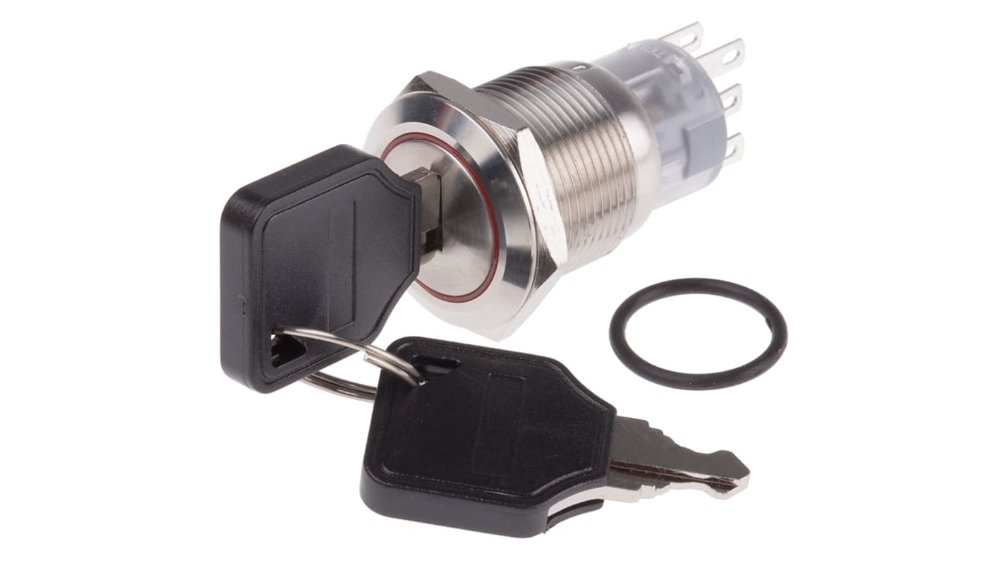 RS PRO Schlüsselschalter Rastend 3-Positionen Zweipoliger Wechselschalter (DPDT) 5 A Flach IP 40
