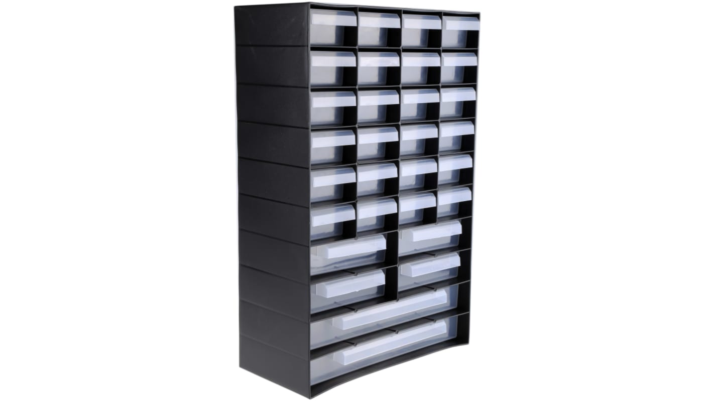RS PRO Kunststoff Schubladeneinheit, Kleinteilemagazin Schwarz, 30 Einschübe, 420mm x 270mm x 130mm