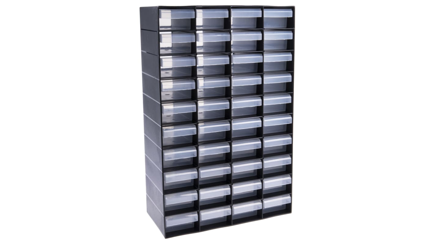 RS PRO Kunststoff Schubladeneinheit, Kleinteilemagazin Schwarz, 40 Einschübe, 420mm x 270mm x 130mm