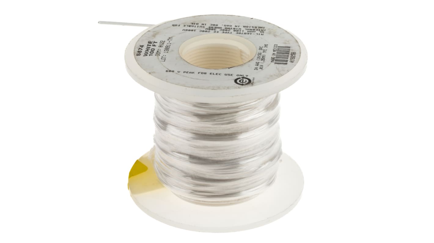 Alpha Wire Einzeladerleitung 0,2 mm², 24 AWG 30m Weiß PTFE isoliert Ø 1.37mm 19/0,13 mm Litzen UL1180