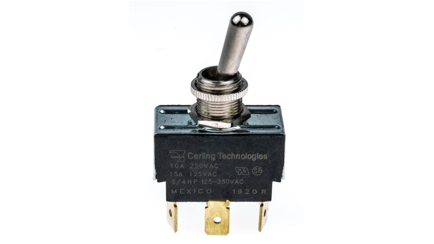 Carling Technologies Toggle Switch, Panel Mount, On-Off-On, DPDT, Tab Terminal, 250V ac