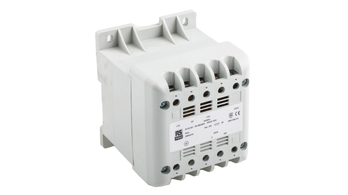RS PRO 40VA DIN Rail Transformer, IEC 61558-2-6, 230V ac Primary, 24V ac Secondary