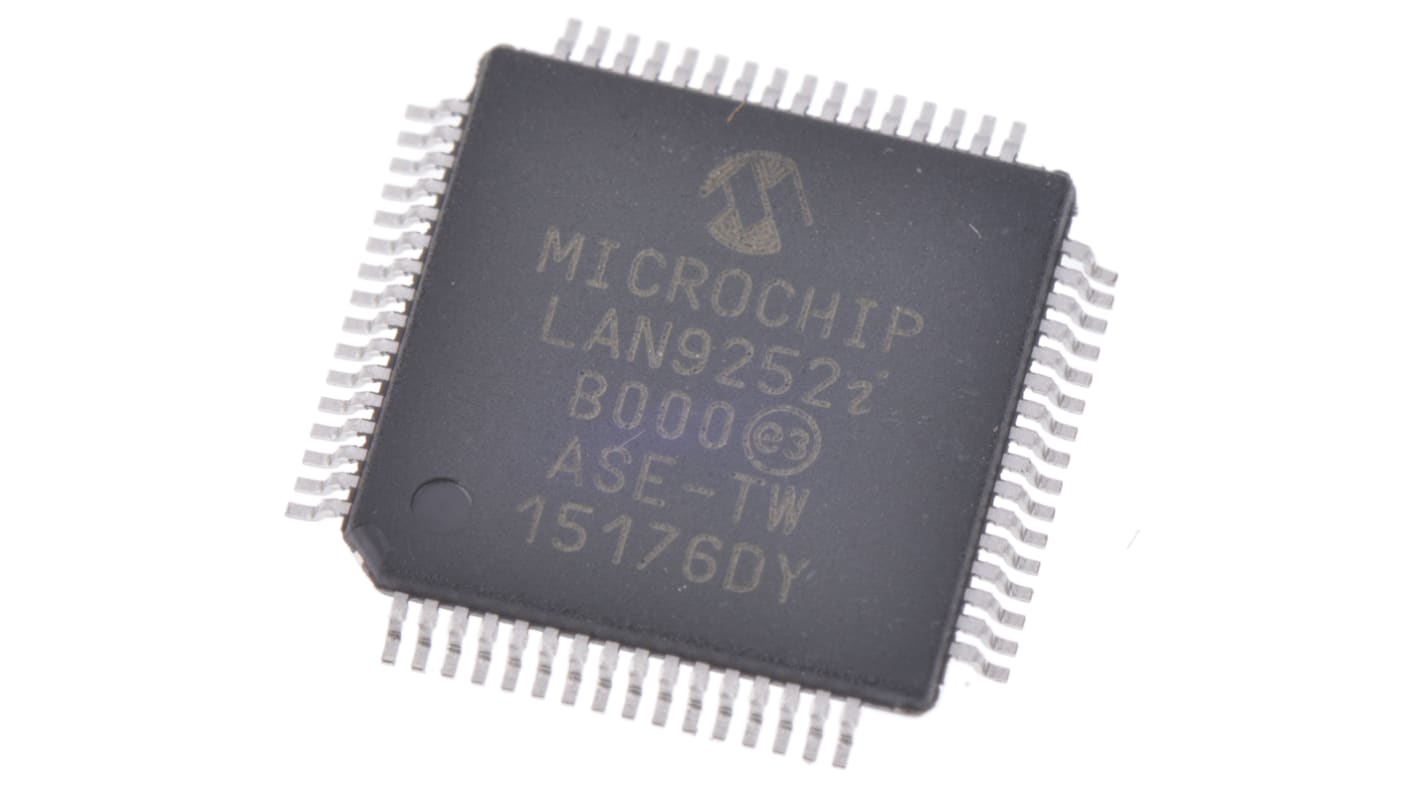 Microchip 以太网控制器, 64引脚, MDI, MDIX, MII, RMII网络接口, 主机总线主机接口, 贴片安装, TQFP, 10 x 10 x 1.05mm