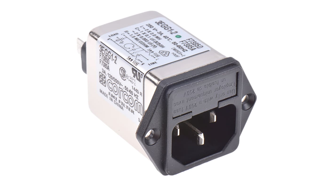 TE Connectivity 3A, 250 V ac Male Flange Mount IEC Filter 1-6609115-2, Spade 2 Fuse