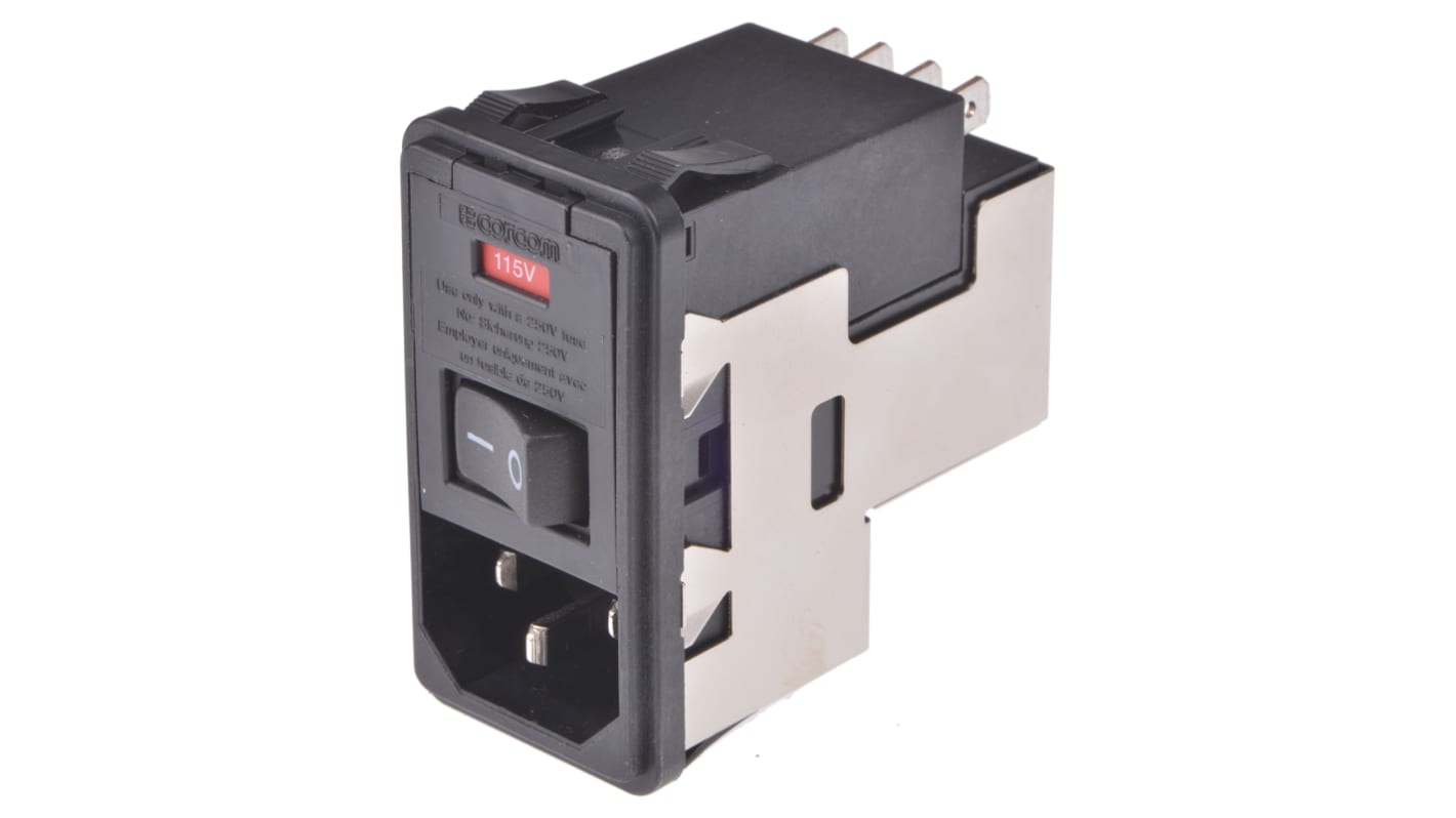 TE Connectivity 6A, 120 V ac, 250 V ac Male Snap-In IEC Filter 2 Pole 2-6609951-2, Spade 2 Fuse