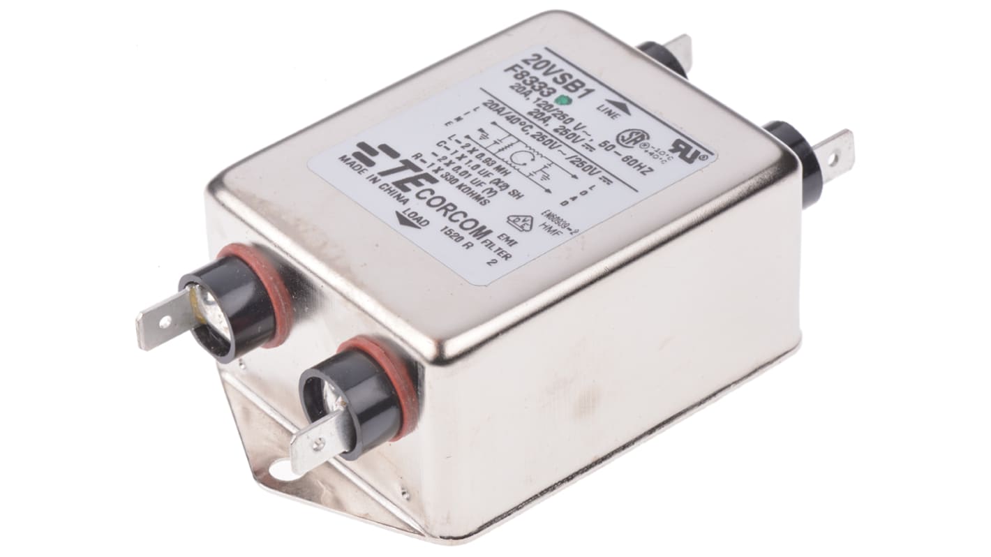 TE Connectivity 单相RFI滤波器, 20A, 250 V 交流, 50/60Hz, 法兰安装, Fast-On接端, 一阶, Corcom SB系列
