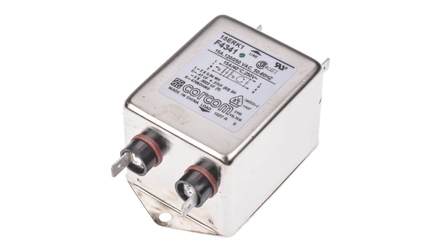 Filtro RFI TE Connectivity, 15A, 250 V ac, 50Hz, Montaje con Reborde, con terminales Pala, Serie Corcom RK, 1 fase Phase