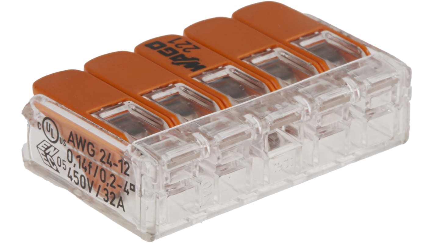Connettore a leva WAGO, 5 vie, per cavi 24 → 12 AWG