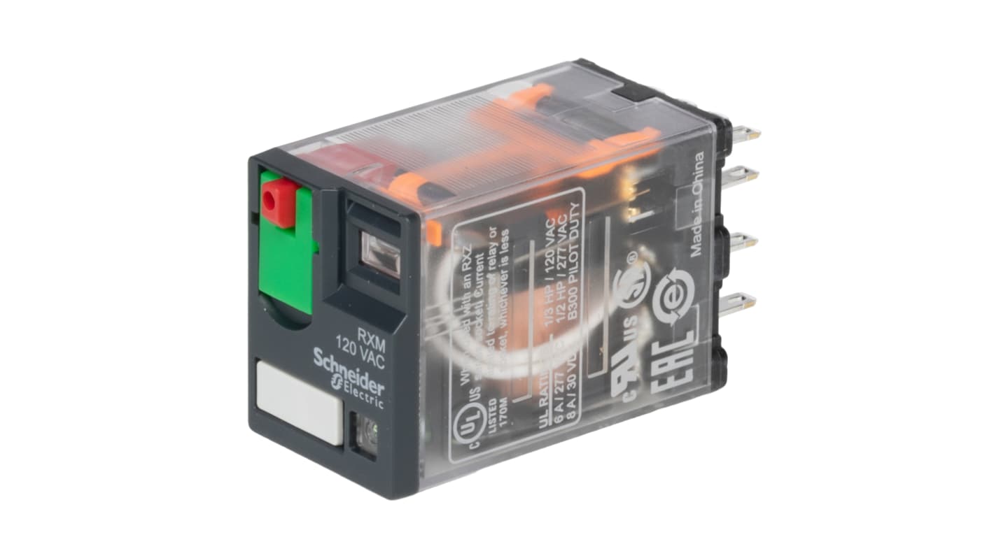 Schneider Electric Harmony Relay RXM 120V ac Spule 4-poliger Wechsler Steckrelais 8A 4,43 kΩ 1.2W Monostabiles