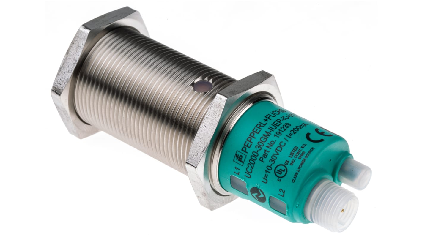 Sensor de proximidad Pepperl + Fuchs, M30 x 1.5, alcance 90 → 2.000 mm, salida Analógico, montaje en contrafase,