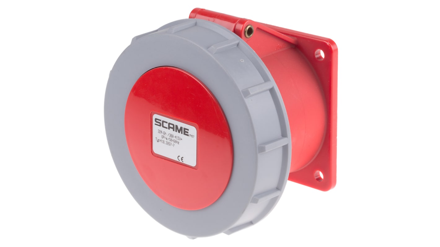 Scame, Optima IP67 Red Panel Mount 6P + E Industrial Power Socket, Rated At 32A, 415 V