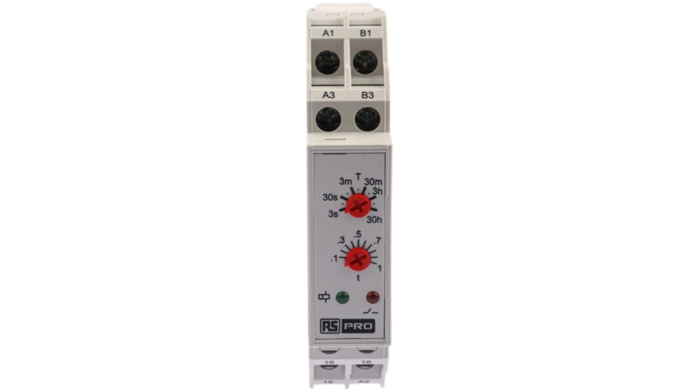 RS PRO DIN Rail Mount Timer Relay, 24V ac, 1-Contact, 0.3 s → 30h, 1-Function, SPDT