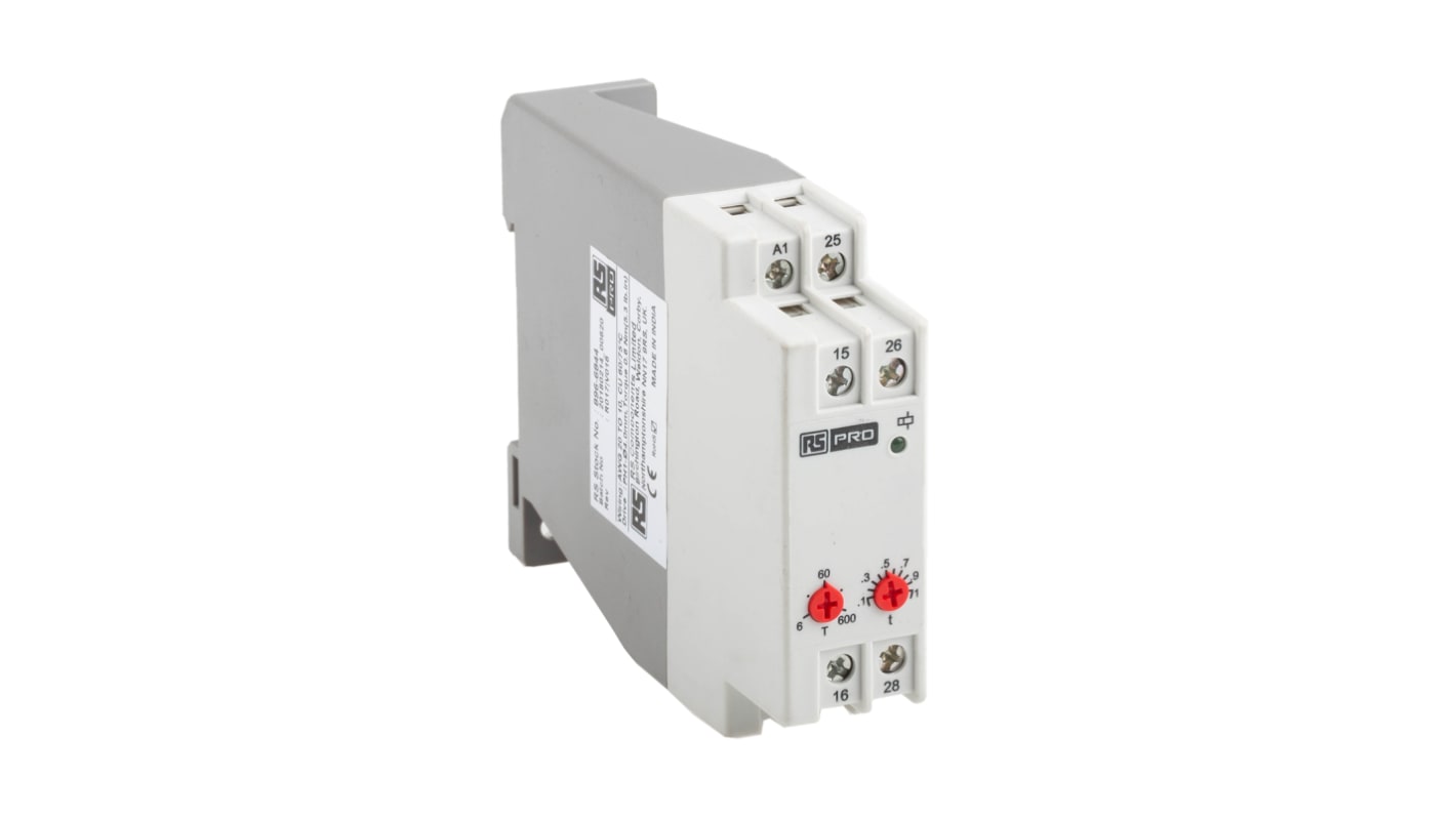 RS PRO DIN Rail Mount Timer Relay, 24 → 240V ac/dc, 2-Contact, 0.6 → 600s, 1-Function, DPDT