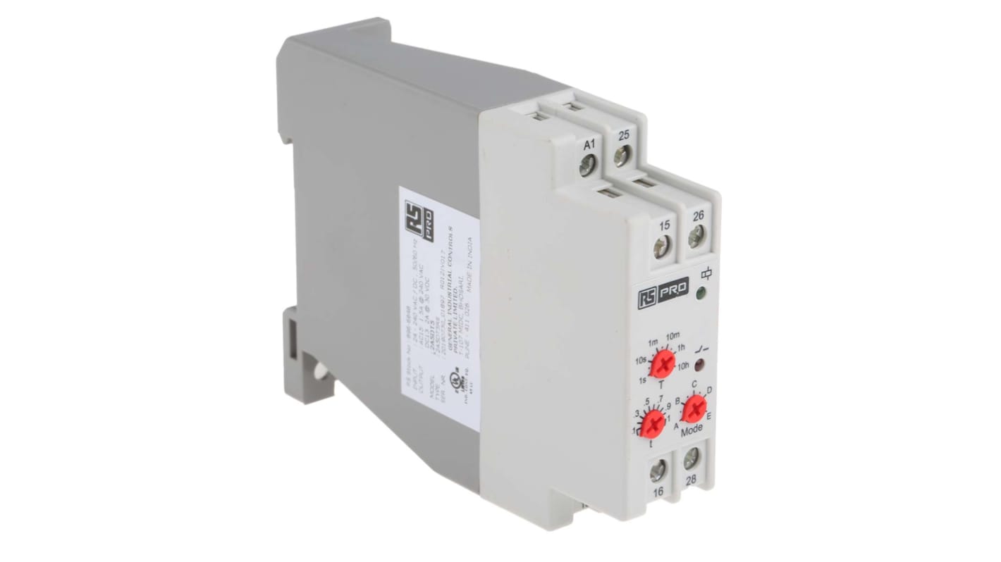 Timer Relay RS PRO, intervallo 0.1 s → 10h, 2 poli, DPDT, Guida DIN