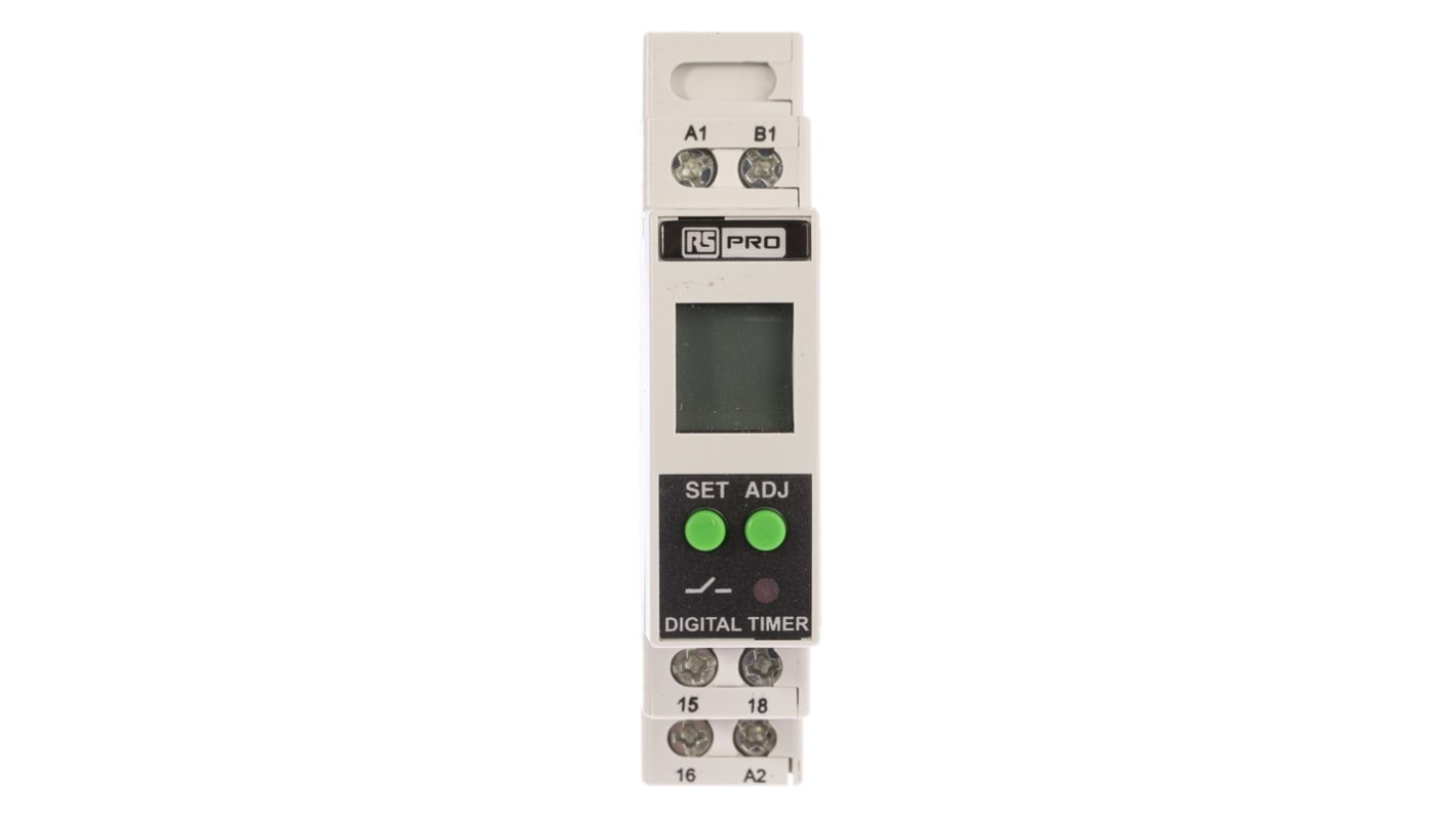 RS PRO DIN Rail Mount Timer Relay, 24 → 240V ac/dc, 1-Contact, 01. s → 999h, SPDT