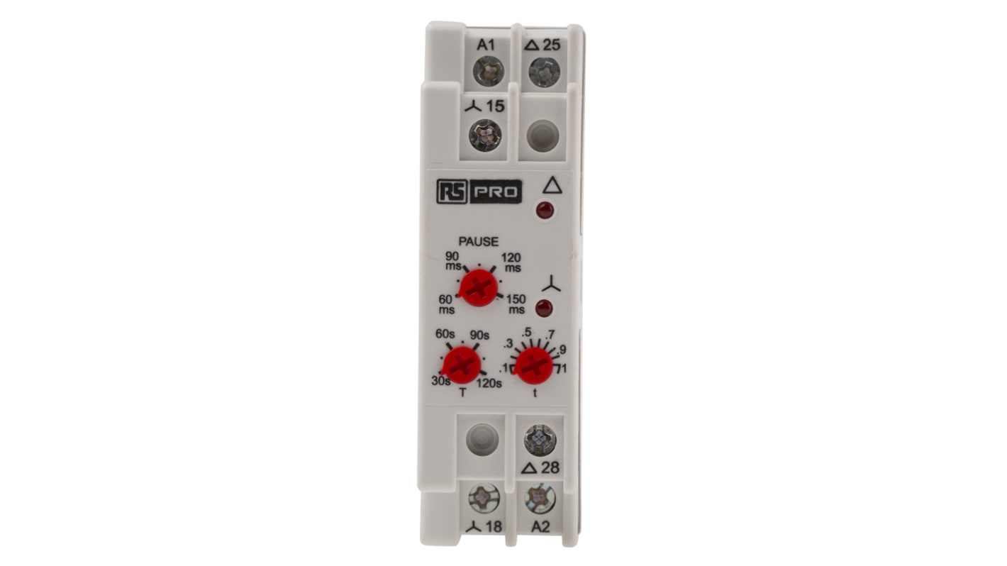 RS PRO DIN Rail Mount Timer Relay, 24 → 240V ac/dc, 2-Contact, 3 → 120s, 1-Function, SPST