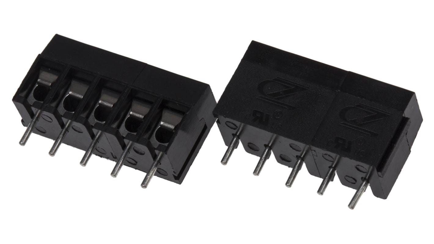 RS PRO PCB端子排, 5p, 5mm间距, 16A, 250 V, THT安装, 螺钉端接, 直向, 黑色