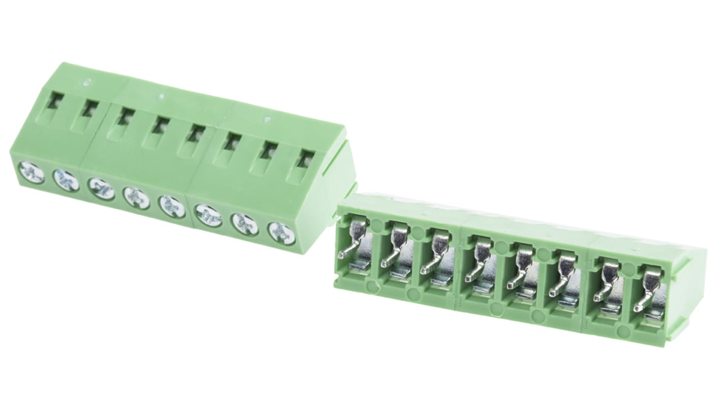 RS PRO PCB端子排, 8p, 5mm间距, 10A, 300 V, THT安装, 螺钉端接, 直向, 绿色