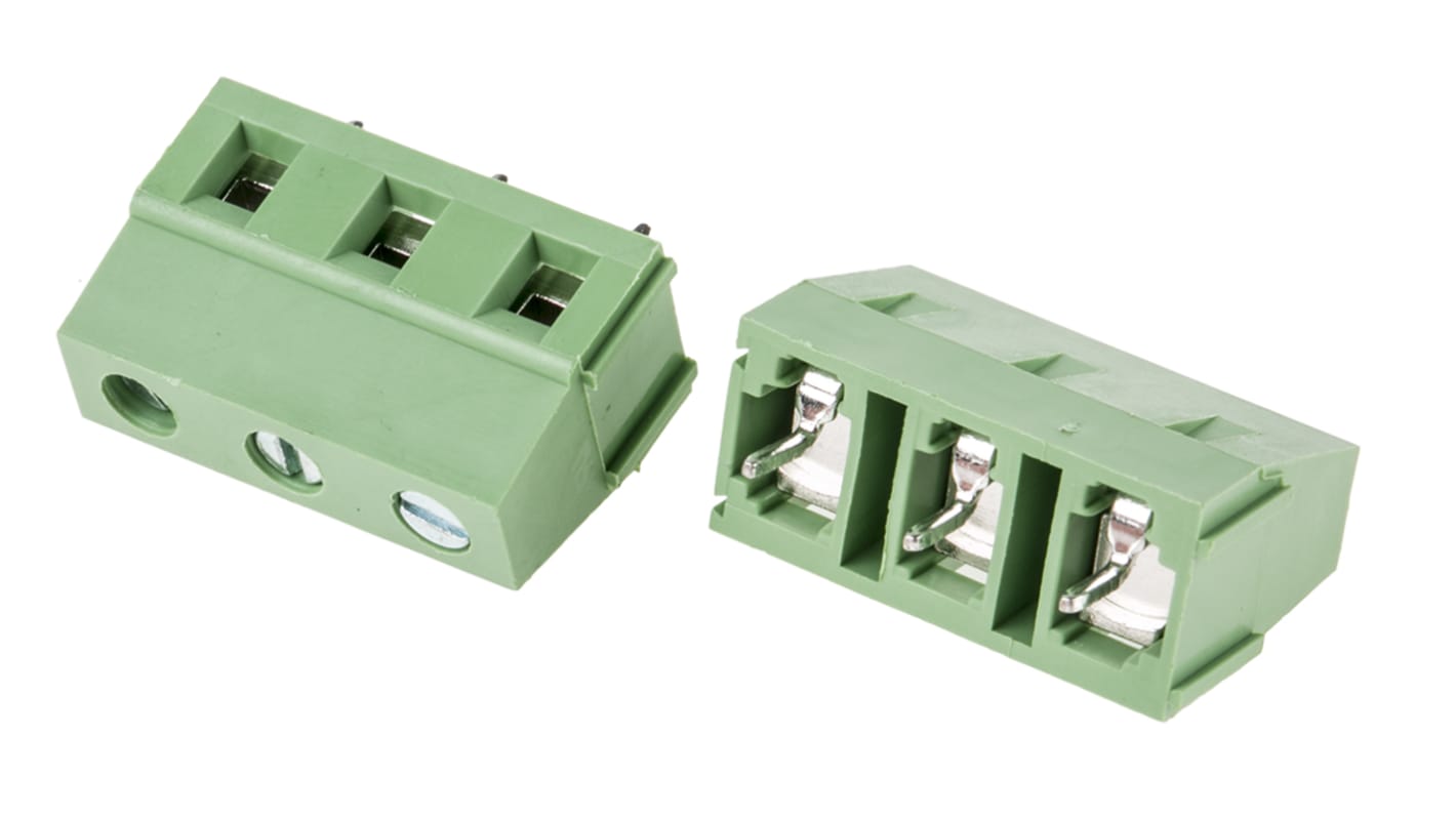 RS PRO PCB端子排, 3p, 7.5mm间距, 10A, 300 V, THT安装, 螺钉端接, 直向, 绿色