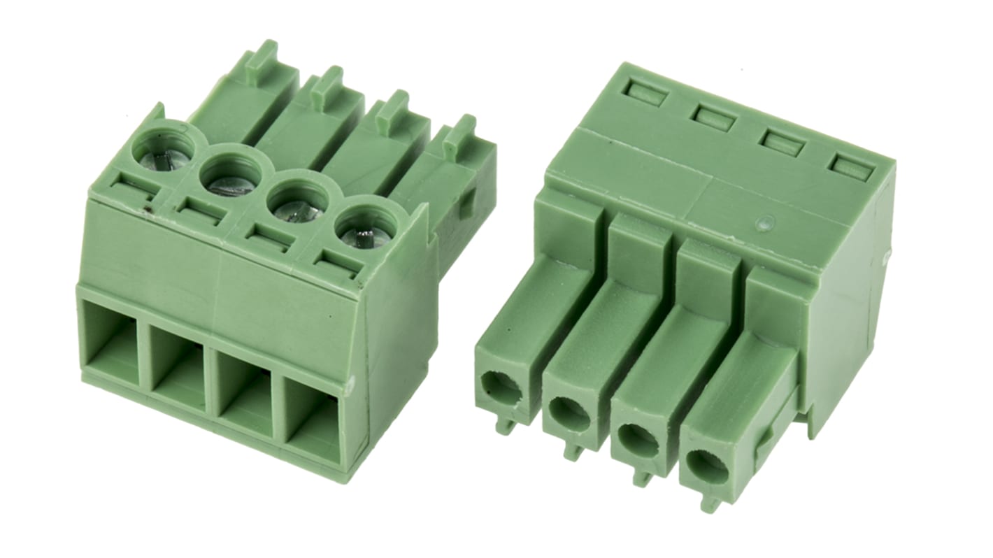 Bloque de terminal PCB Hembra a 90° RS PRO de 4 vías, paso 3.5mm, 10A, de color Verde, montaje Montaje en orificio