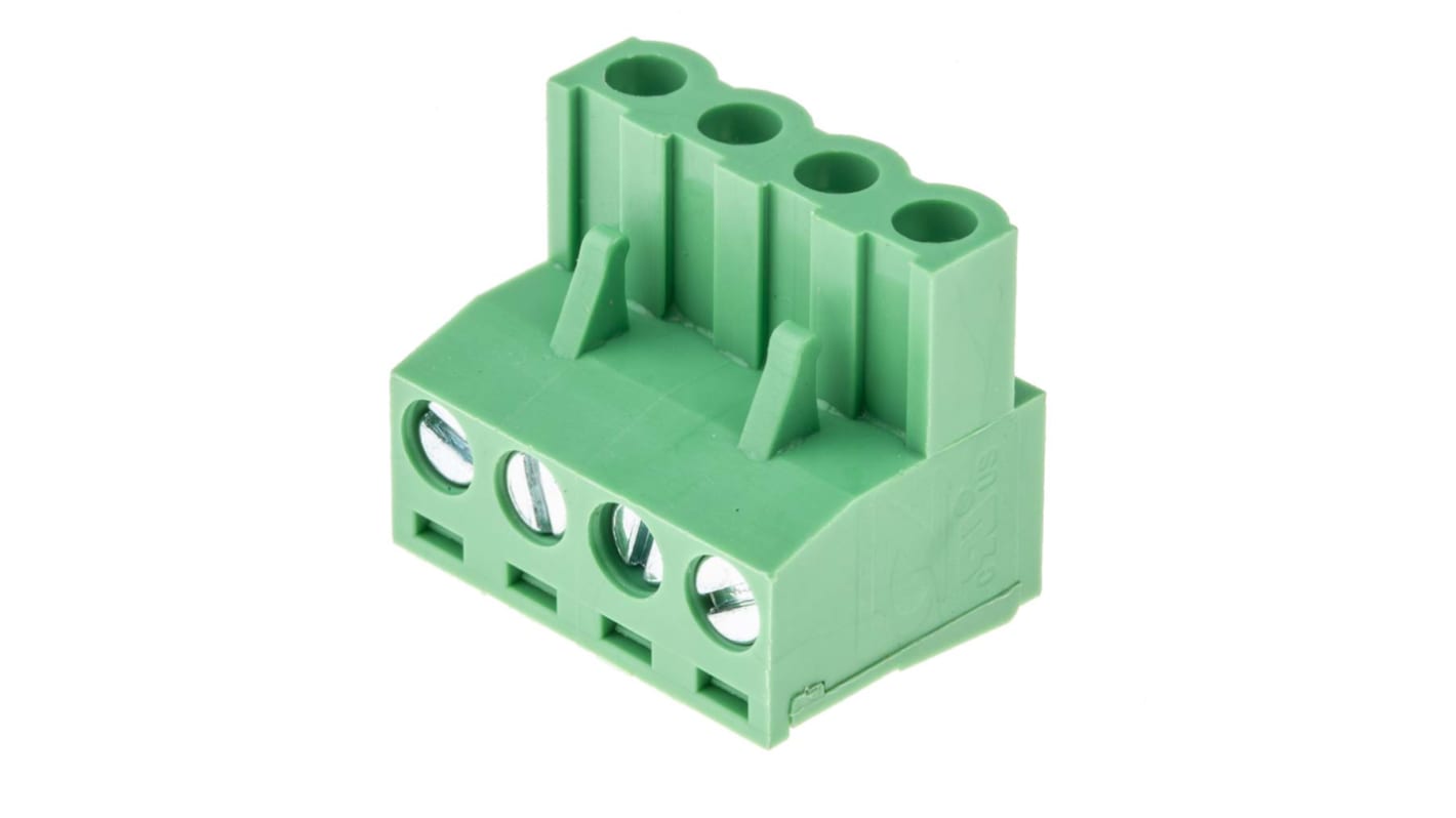 Bloque de terminal PCB Hembra a 90° RS PRO de 4 vías, paso 5.08mm, 15A, de color Verde, montaje Montaje en orificio