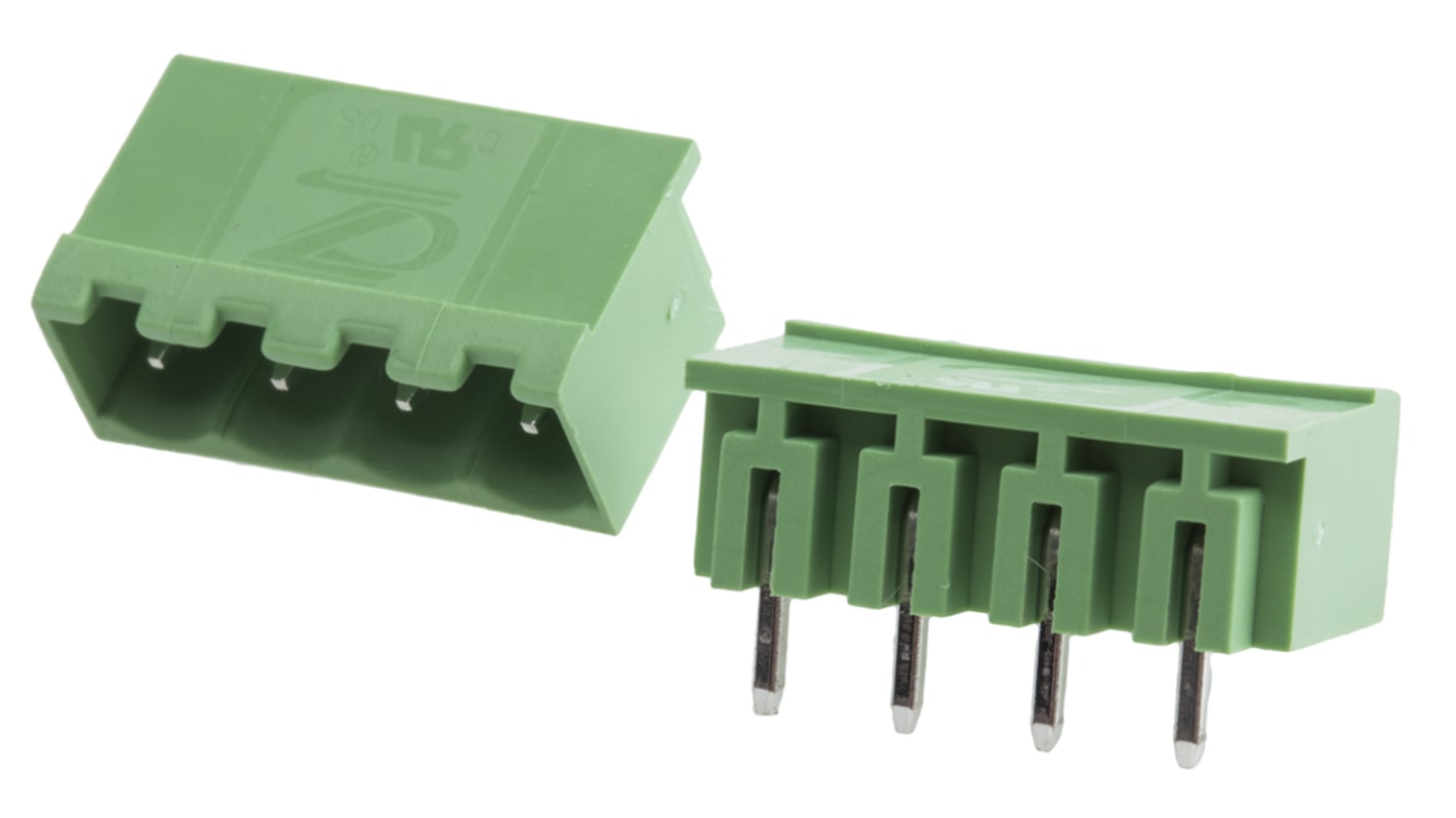 Bloque de terminal PCB Ángulo de 90° RS PRO de 4 vías, 1 fila, paso 5.08mm, para soldar, Orificio Pasante