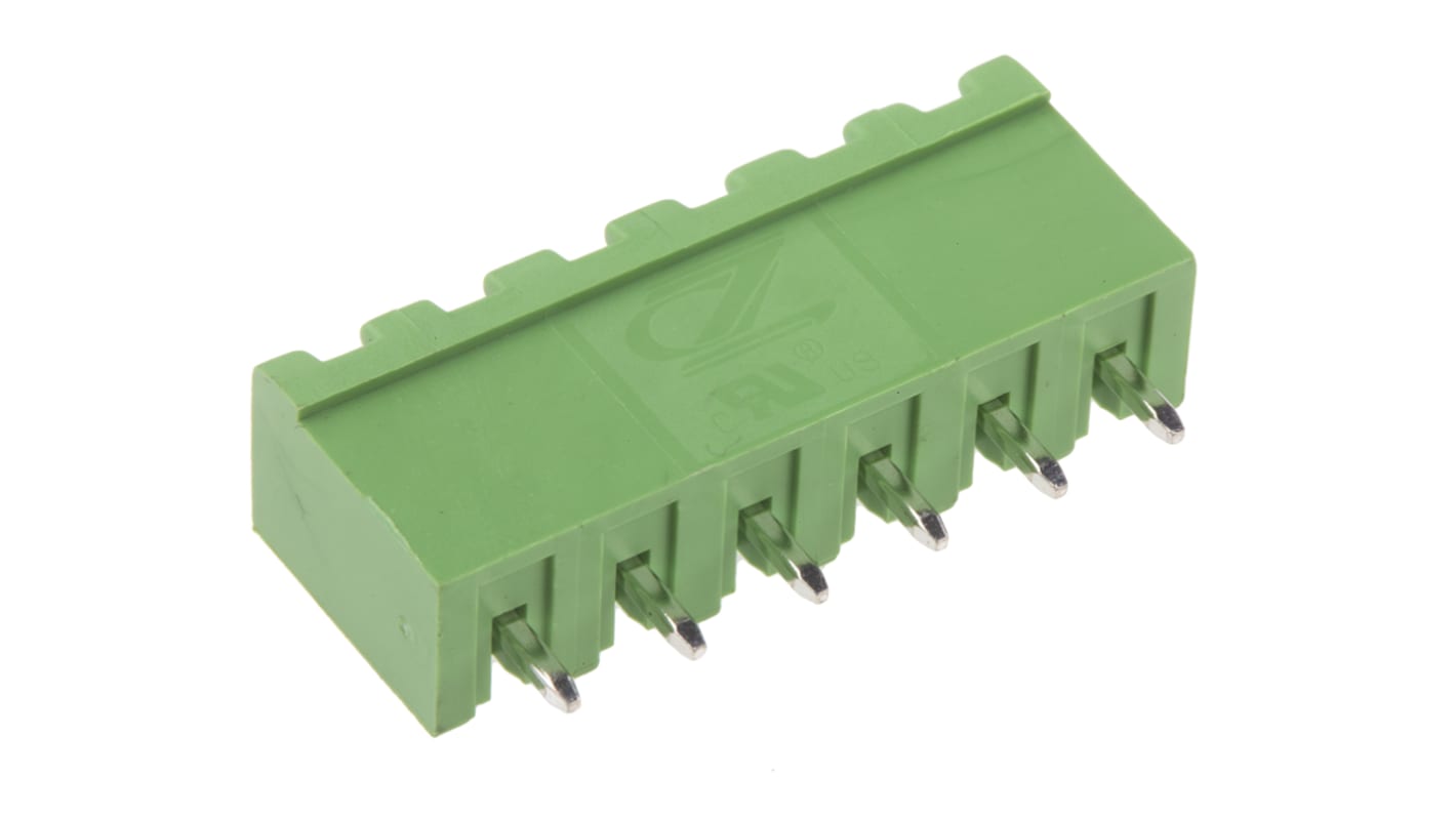 RS PRO 6p插拔式接线端子 直向排针, 5.0mm间距, 15.0A, 250.0 v, THT安装, 焊接端接