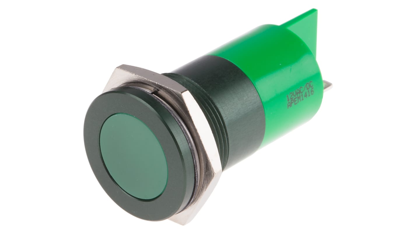 RS PRO Green Panel Mount Indicator, 12V, 22mm Mounting Hole Size, Faston, Solder Lug Termination, IP67