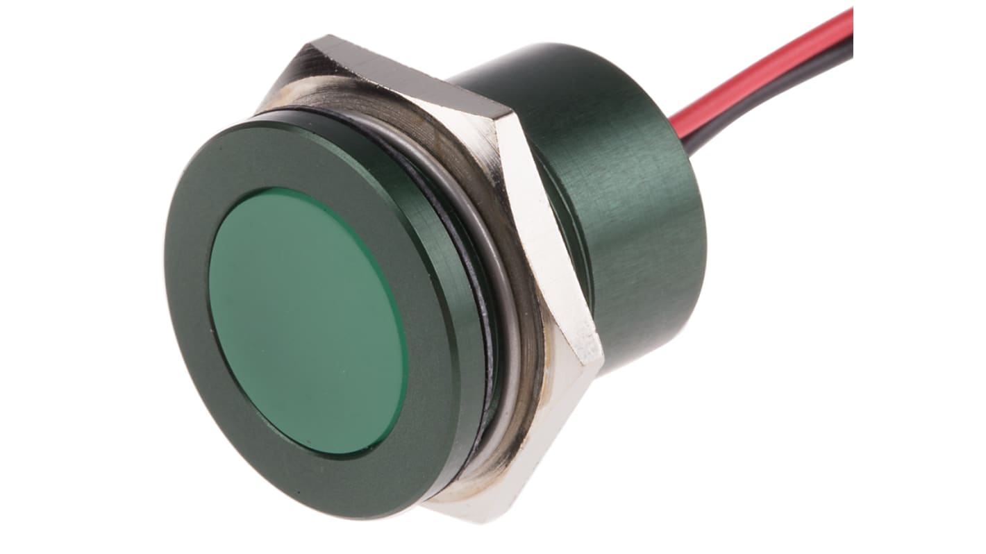 RS PRO Green Panel Mount Indicator, 24V ac/dc, 22mm Mounting Hole Size, Lead Wires Termination, IP67