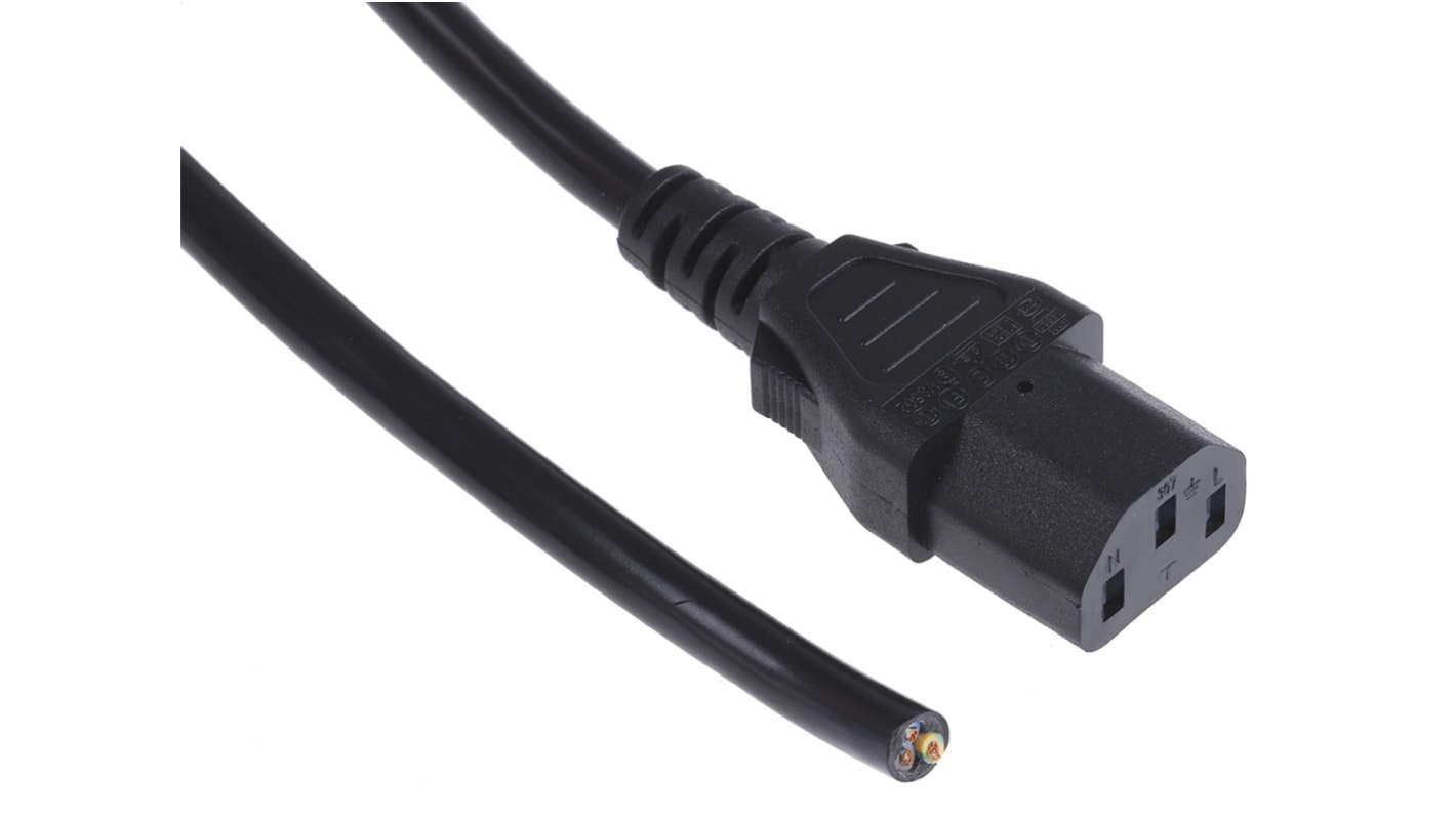 Cable de alimentación RS PRO Negro de 5m, con. A IEC C13, hembra, con. B Sin terminación, hembra, 250 V / 10 A