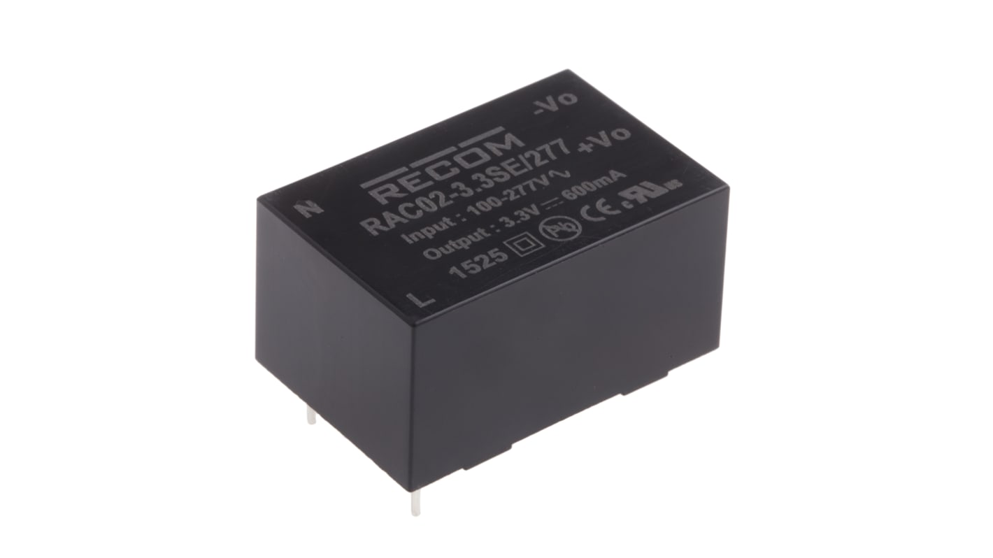 Recom Switching Power Supply, RAC02-3.3SE/277, 3.3V dc, 600mA, 2W, 1 Output, 120 → 430 V dc, 85 → 305 V