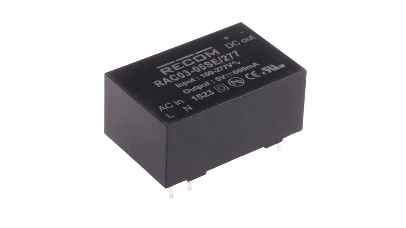 Recom Switching Power Supply, RAC03-05SE/277, 5V dc, 600mA, 3W, 1 Output, 120 → 430 V dc, 85 → 305 V ac