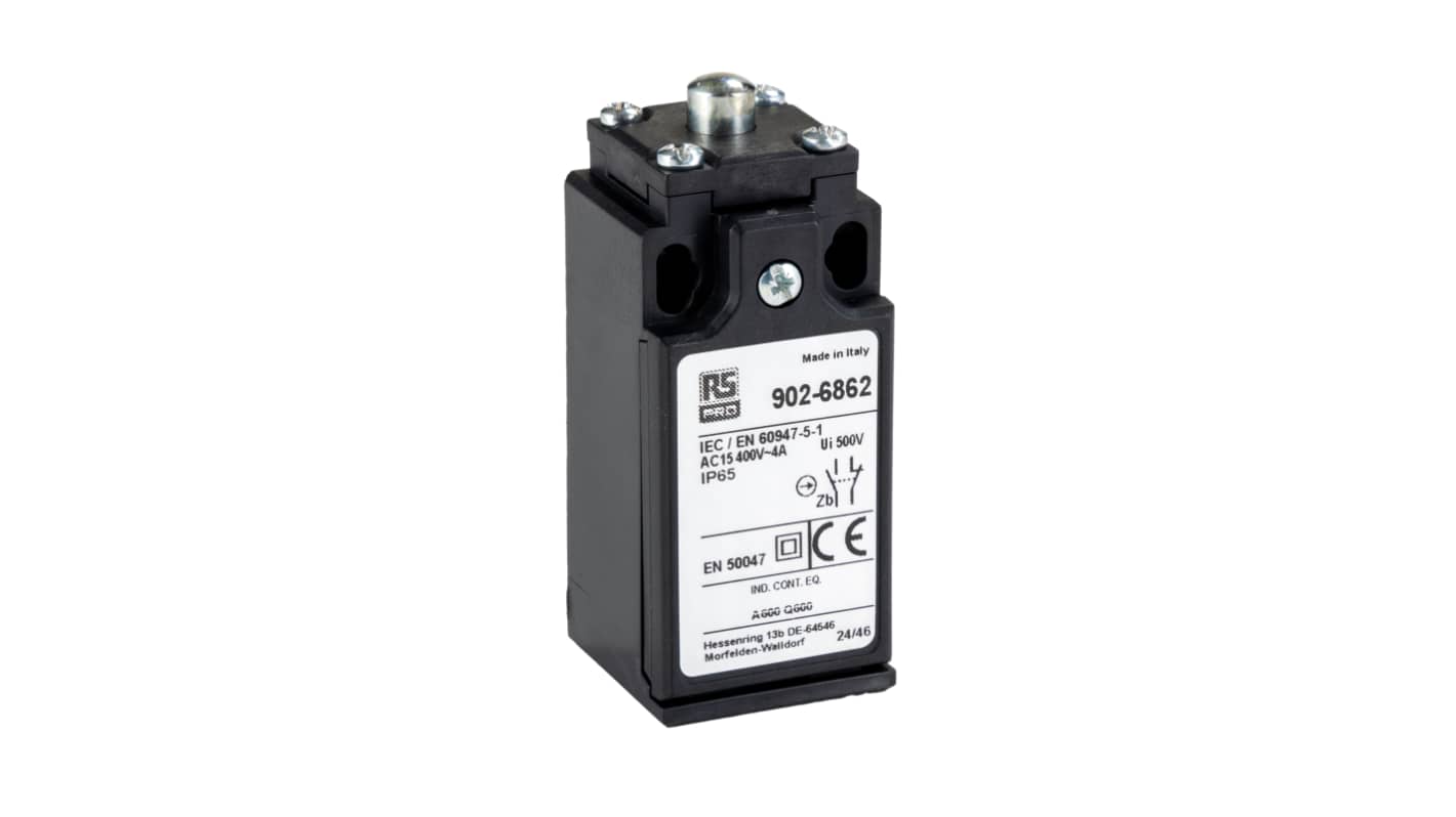 RS PRO Plunger Limit Switch, NO/NC, IP65, DPST, Thermoplastic Housing, 400V ac Max, 10A Max