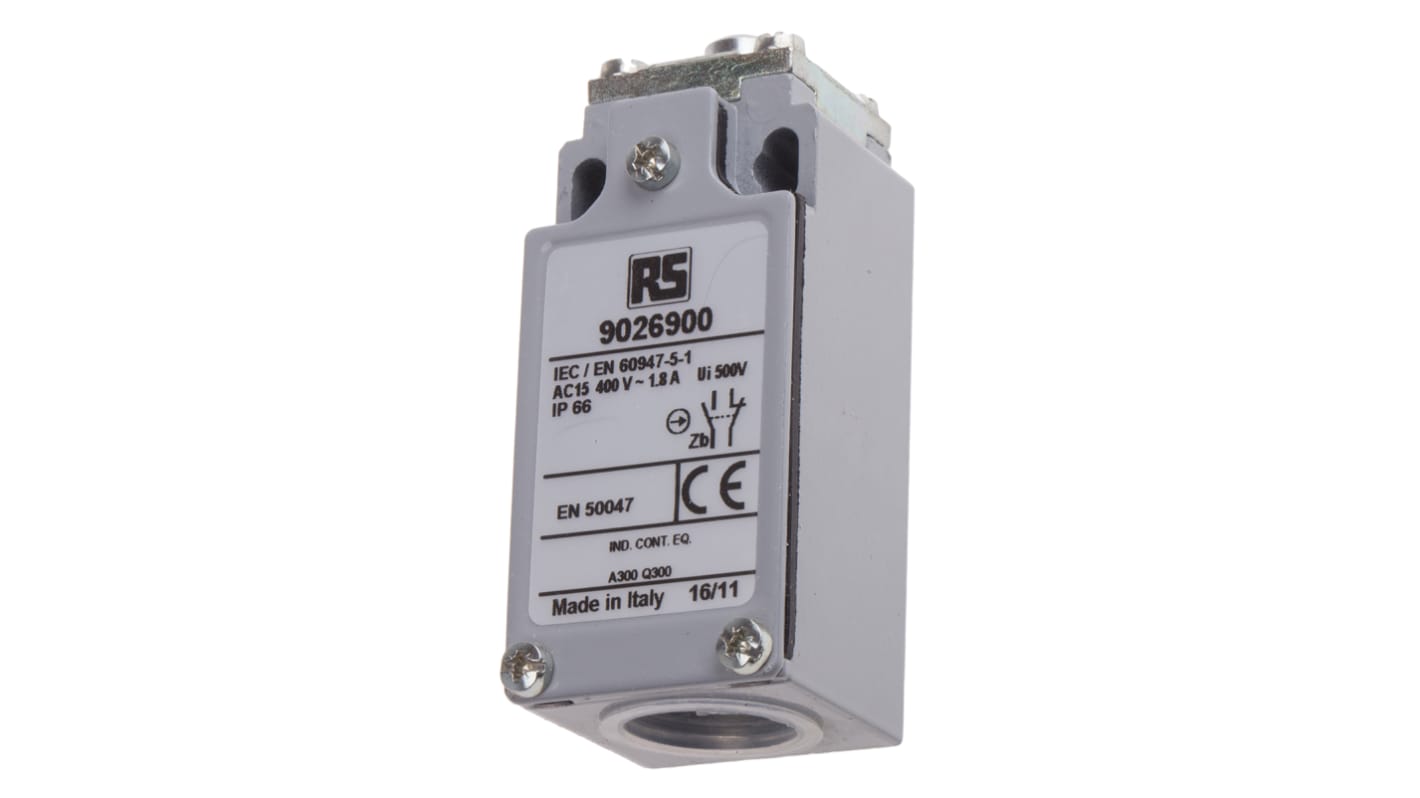RS PRO Plunger Limit Switch, NO/NC, IP66, DPST, Zinc Alloy Housing, 400V ac Max, 10A Max