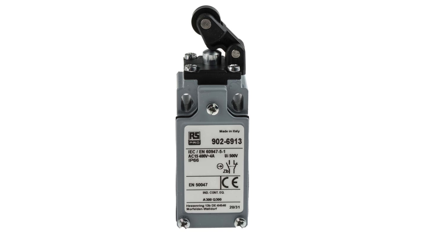 RS PRO Roller Lever Limit Switch, NO/NC, IP66, DPST, Zinc Alloy Housing, 400V ac Max, 10A Max