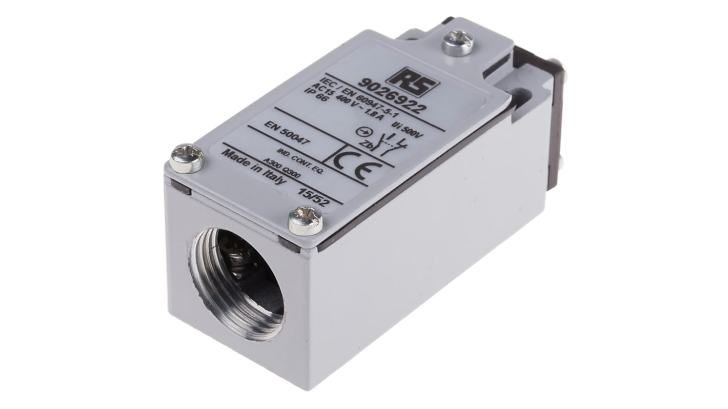 RS PRO Plunger Limit Switch, NO/NC, IP66, DPST, Zinc Alloy Housing, 400V ac Max, 10A Max