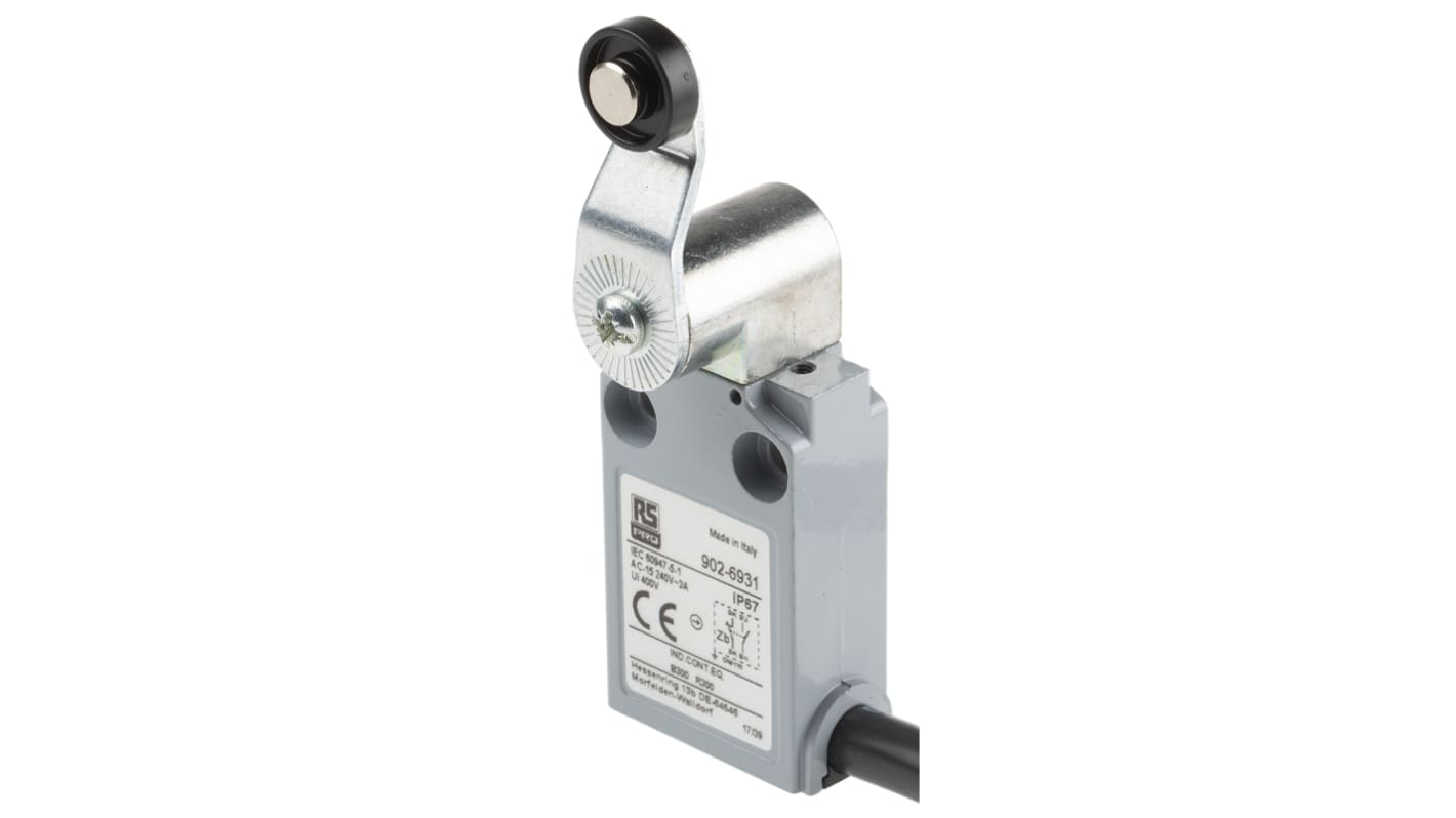 RS PRO Endschalter, Rollenhebel, DPST, Schließer/Öffner, IP 67, Zinkdruckguss, 5A Anschluss Kabel