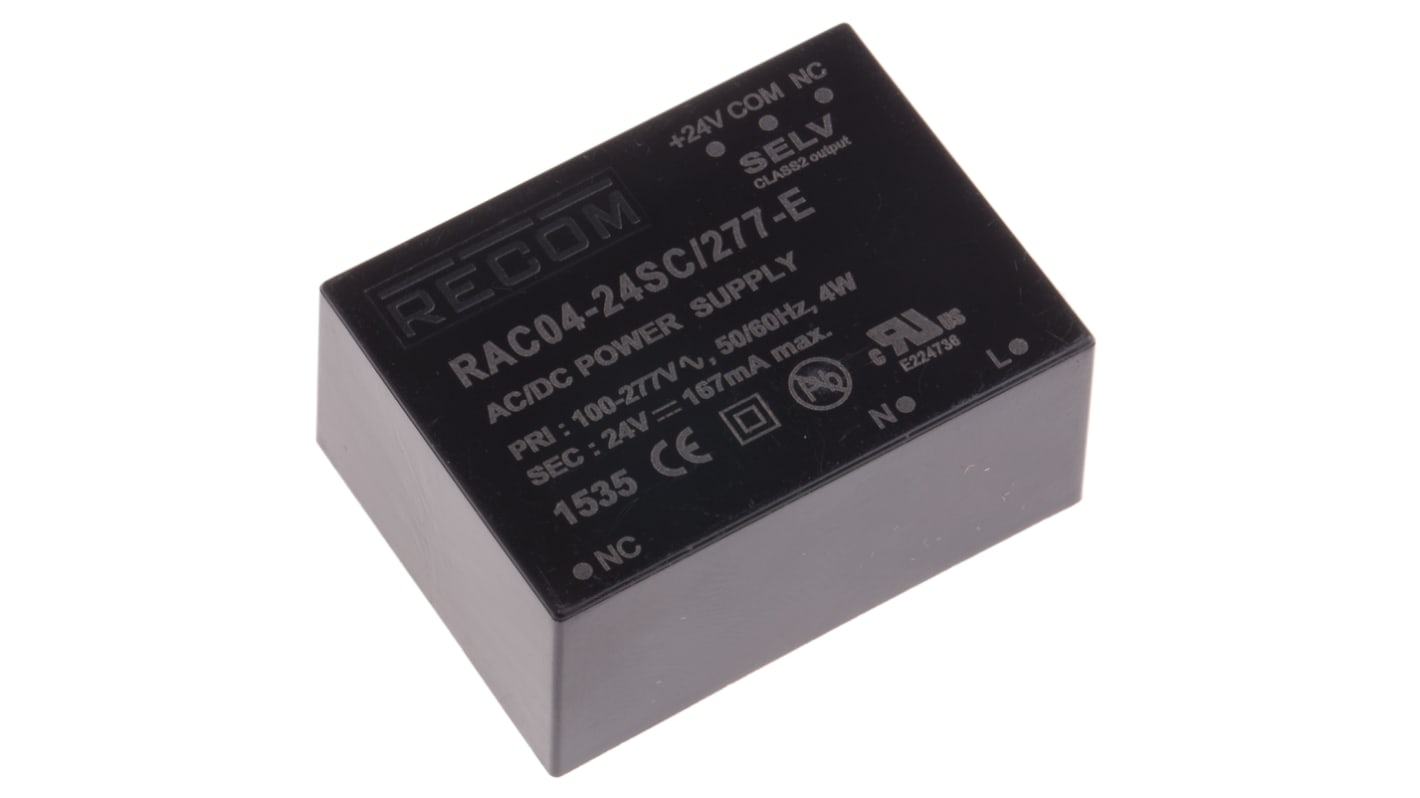 Recom RAC04-C/277 Schaltnetzteil, 24V dc / 167mA 4W 80 → 305V ac Gekapselt, Oberflächenmontage