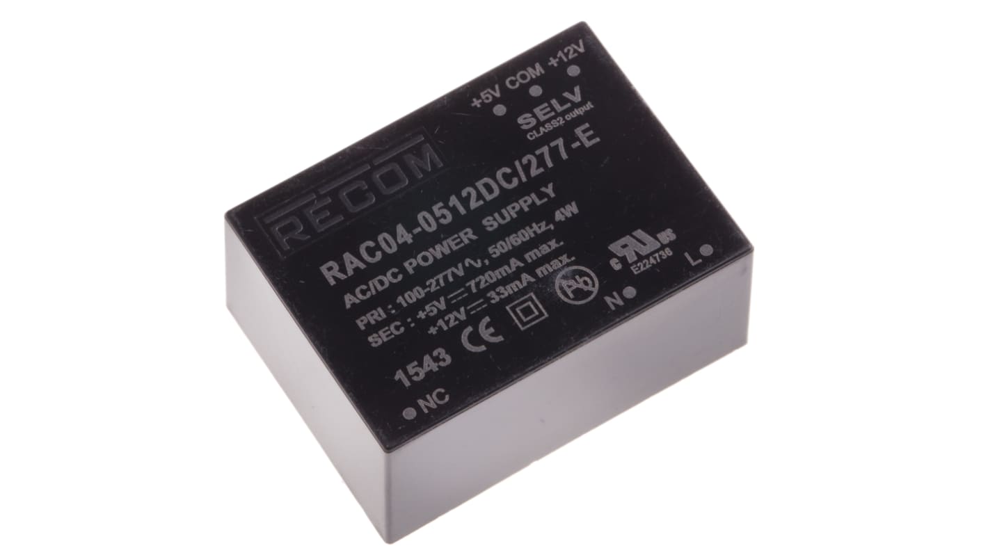 Recom RAC04-C/277 Schaltnetzteil, 5 V dc, 12V dc / 33mA 4W 80 → 305V ac Gekapselt, Oberflächenmontage