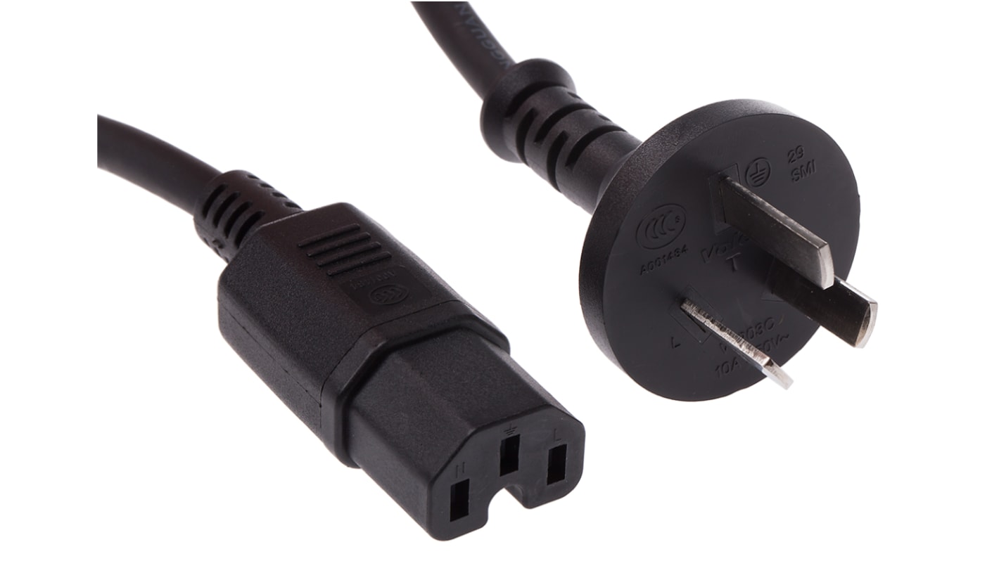 RS PRO Konfektioniertes Stromkabel, A IEC C15 / Buchse, B Chinesischer Stecker Typ I / Stecker, 10 A, 2m Schwarz,  250 V