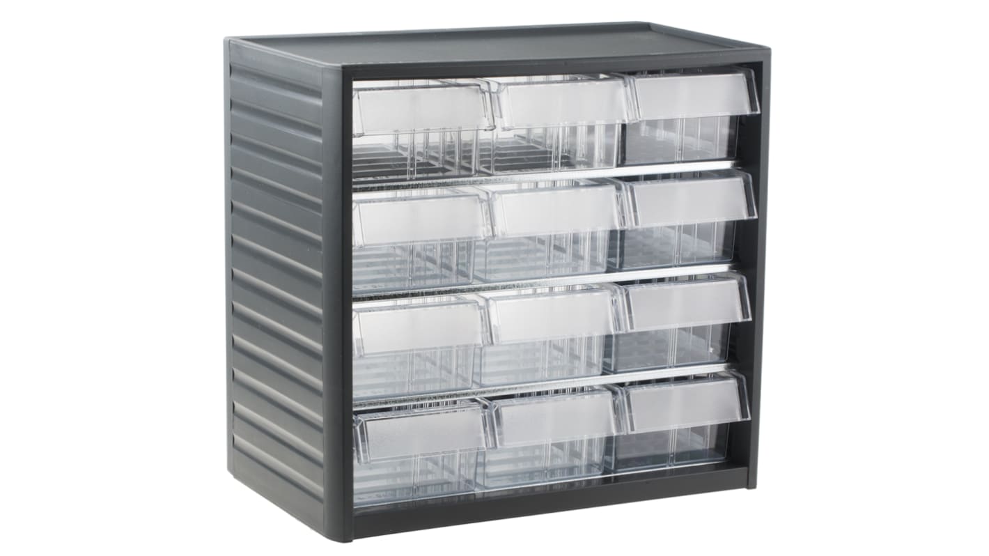 RS PRO 12 Drawer Storage Unit, PP, 290mm x 310mm x 180mm, Grey