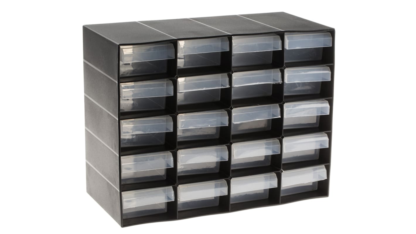 RS PRO 20 Drawer Storage Unit, PP, 210mm x 270mm x 130mm, Black