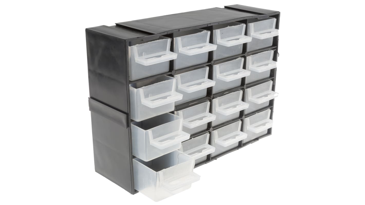 RS PRO 16 Drawer Storage Unit, Plastic, 160mm x 70mm x 220mm, Black