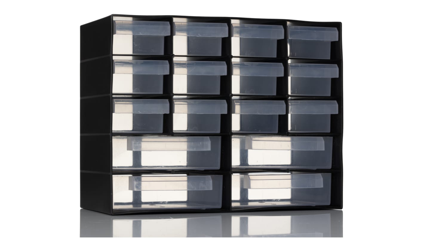 RS PRO Polypropylen Schubladeneinheit, Kleinteilemagazin Schwarz, 16 Einschübe, 210mm x 270mm x 130mm
